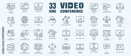  Video conference and group call icon set with editable stroke and white background. Thin line style stock vector.