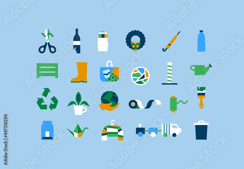 Upcycling DIY recycle object flat cartoon icon set