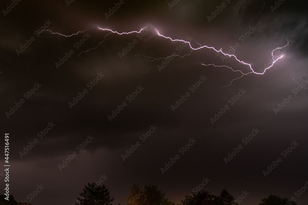 Lightning across a night sky between illumated clouds with tree tops on the lower edge of the picture Lightning across a night sky between illumated clouds with tree tops on the lower edge of the picture