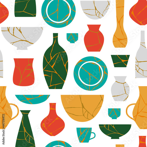 Kintsugi colorful pottery vase seamless pattern