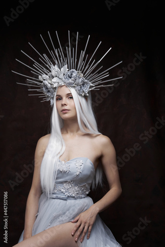 Portrait of winter queen. Attractive young woman in dress, veil, silver flower crown