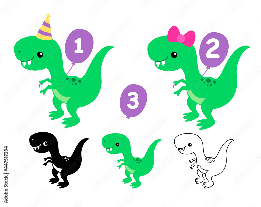 Obraz premium Funny birthday dinosaurs cartoon clip art. Silhouette vector flat illustration. Cutting file. Suitable for cutting software. Cricut, Silhouette