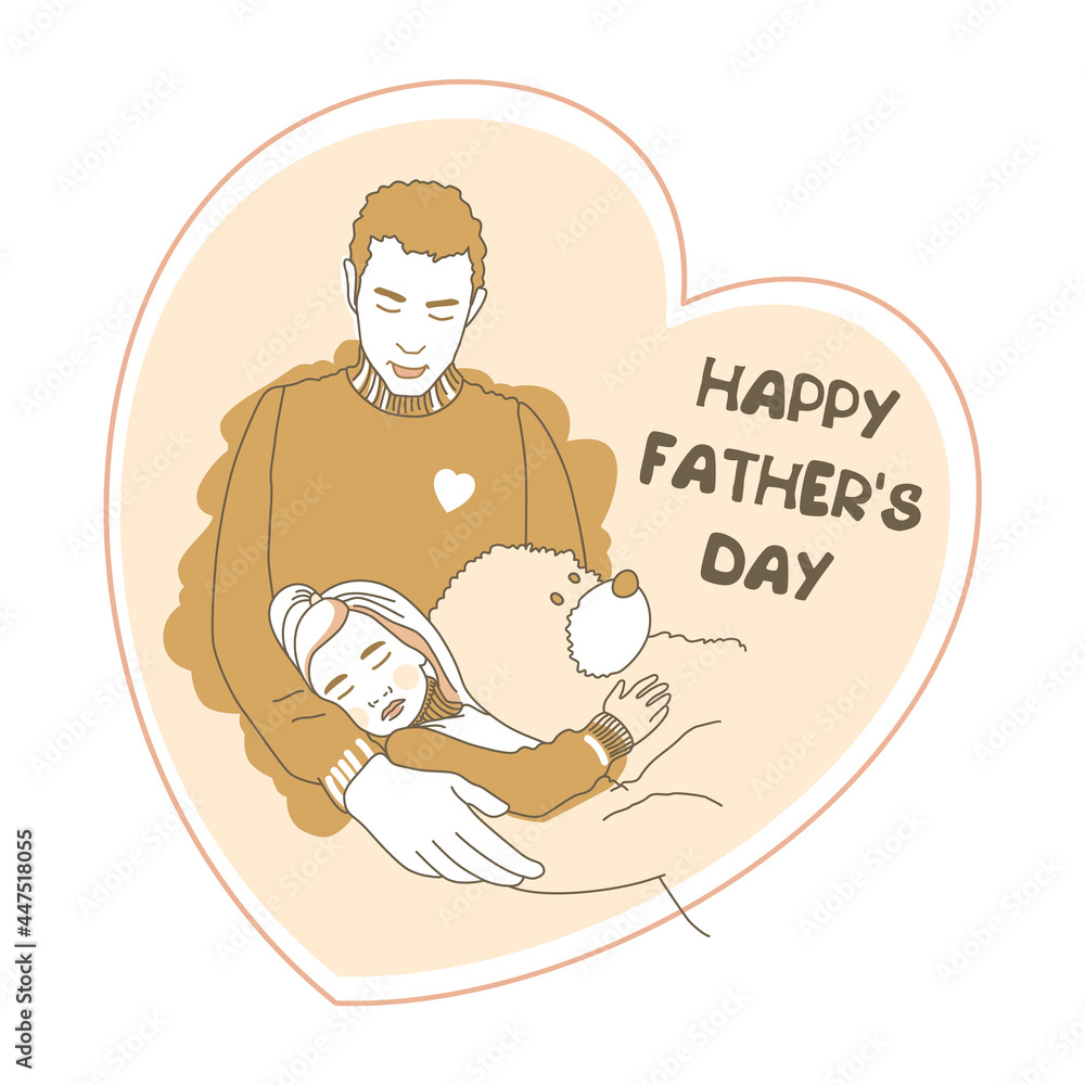 A loving father looks after his sleeping little daughter. Asleep hugging a teddy bear. Vector illustration in a pink heart.
