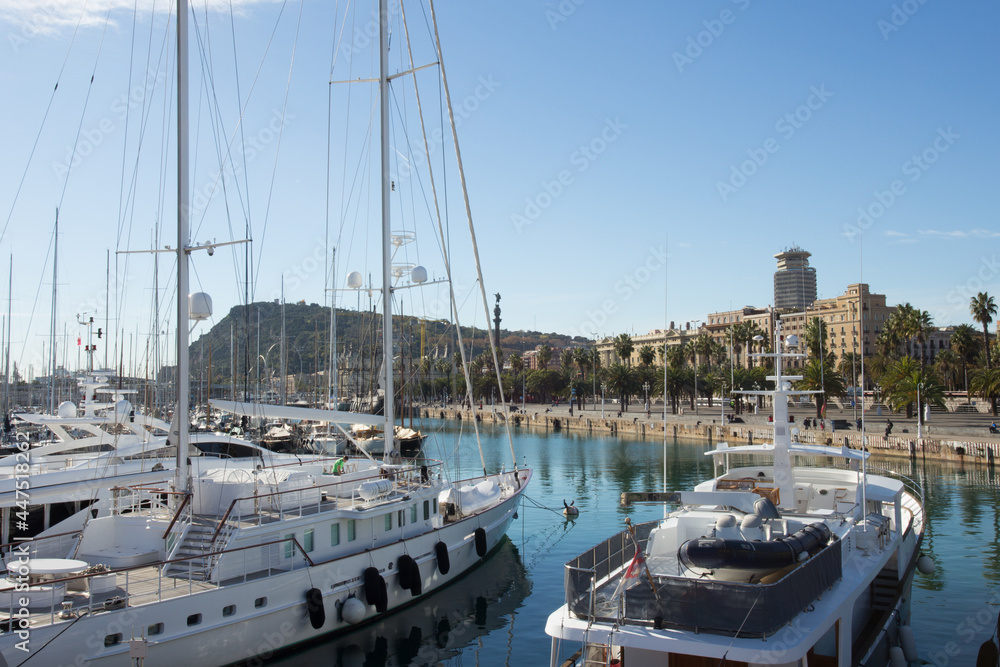Barcelona, Spain; 1 April 2021. Barceloneta Area. Boat at the harbor.
