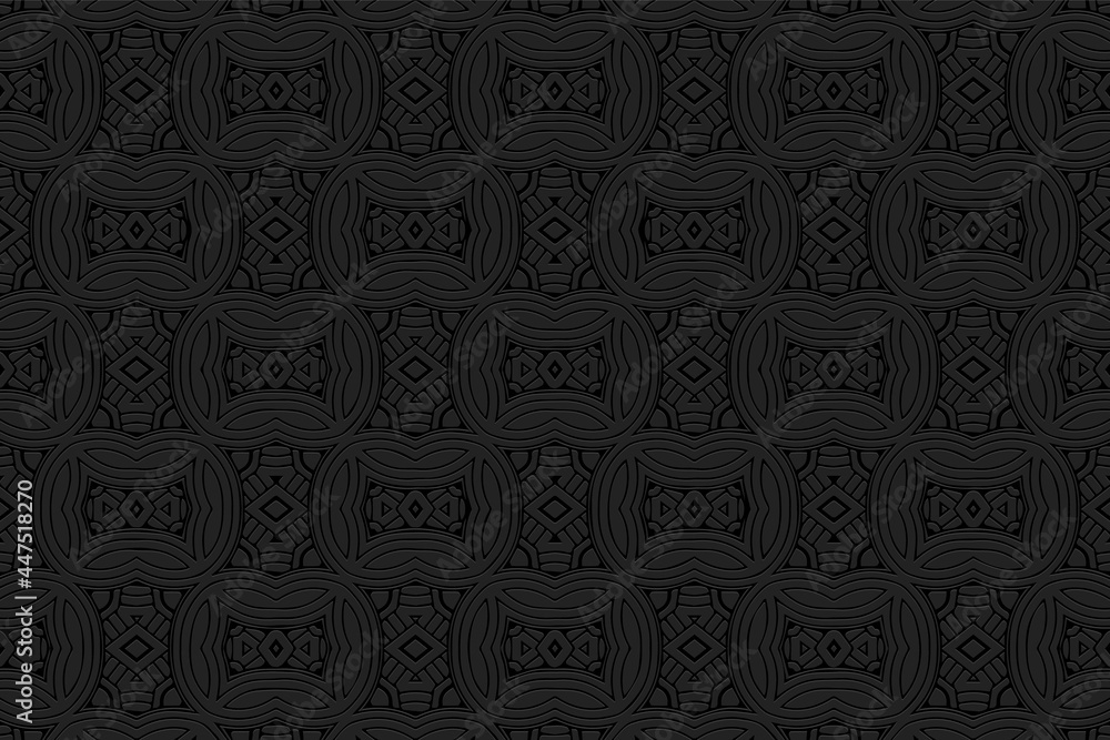 3D volumetric convex embossed geometric black background. Decorative doodling technique. Ethnic oriental, asian, indian pattern with handmade elements for design and decoration. 3D volumetric convex embossed geometric black background. Decorative doodling technique. Ethnic oriental, asian, indian pattern with handmade elements for design and decoration.