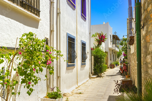 Narrow street in old town of Bodrum, Turkey . Beautiful scenic old ancient white houses with flowers. Popular tourist vacation destination