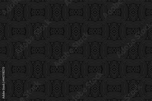 3D volumetric convex embossed geometric black background. Decorative doodling technique. Ethnic oriental, asian, indian pattern with handmade elements for design and decoration.