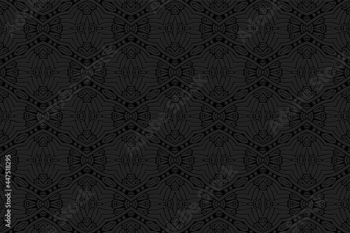 3D volumetric convex embossed geometric black background. Abstract doodling technique. Ethnic oriental, asian, indian pattern with handmade elements for design and decoration.