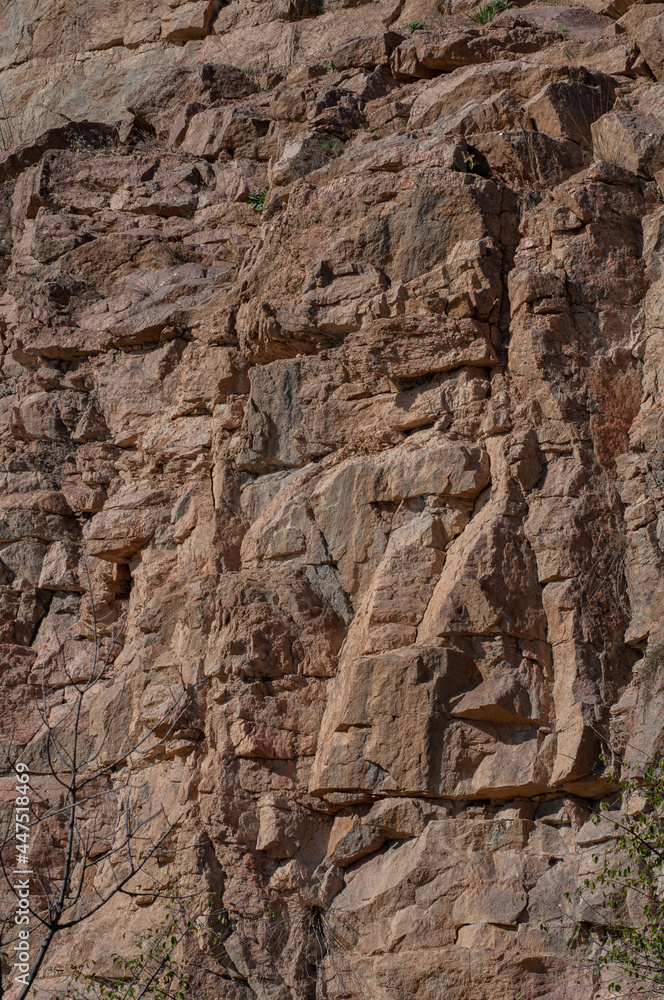 Vertical granite rock face overgrown with vegetation, outdoor Vertical granite rock face overgrown with vegetation, outdoor