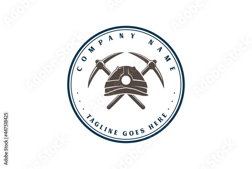 Retro Vintage Crossed Pickax Pickaxe Helmet Mining Logo Design Vector