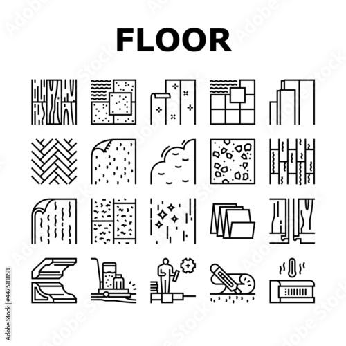 Floor Installation Collection Icons Set Vector. Carpenter Covering And Floor Heating Electronic System, Plastic And Wood Parquet Layer, Ceramic And Stone Black Contour Illustrations