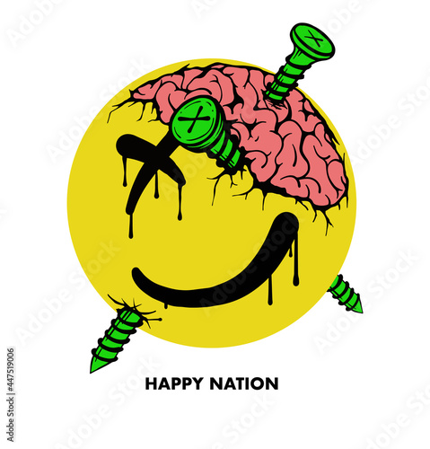 emoji face with screw in brain with a slogan dripping ink illustration