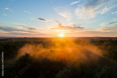 Aerial view of light fog covering dark forest trees at warm sunset. © bilanol
