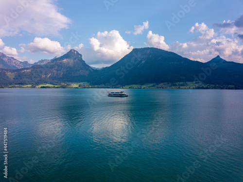 Aerial view of Lake Wolfgang known as Wolfgangsee at cloudy morning.