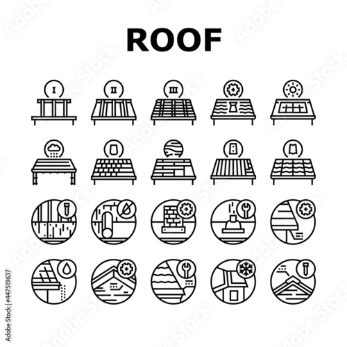 Roof Replacement Job Collection Icons Set Vector. Metal And Wooden Roof Replacement, Installation Solar Panel And Skylight, Ventilation And Renovation Black Contour Illustrations