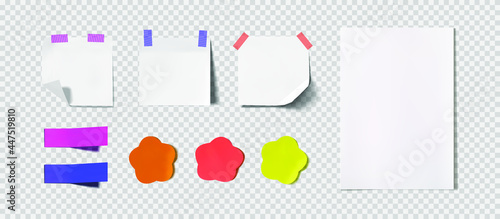 Vector Set of Colorful and White Paper Pieces, Stickers, Memo Notes Isolated on Light Transparent Background.
