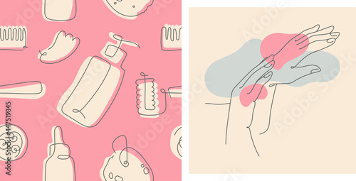 Cosmetology seamless pattern. Beauty background. Female hand care illustration in minimal linear style. Vector silhouette of hands for cosmetics label design, hand cream packaging. Natural tone hue.