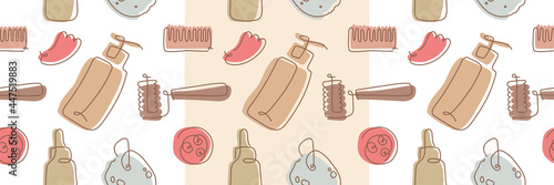 Self care body care linear icons. Cosmetic illustration. Beauty banner background. Vector sketch of sponge, cream, makeup, scrub, soap, bottle. Natural tone hue. Template of label and banner design.