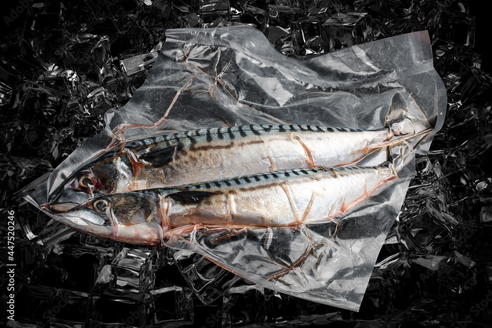 Vacuum-packed fish, on dark ice background, mackerel. Semifinished.