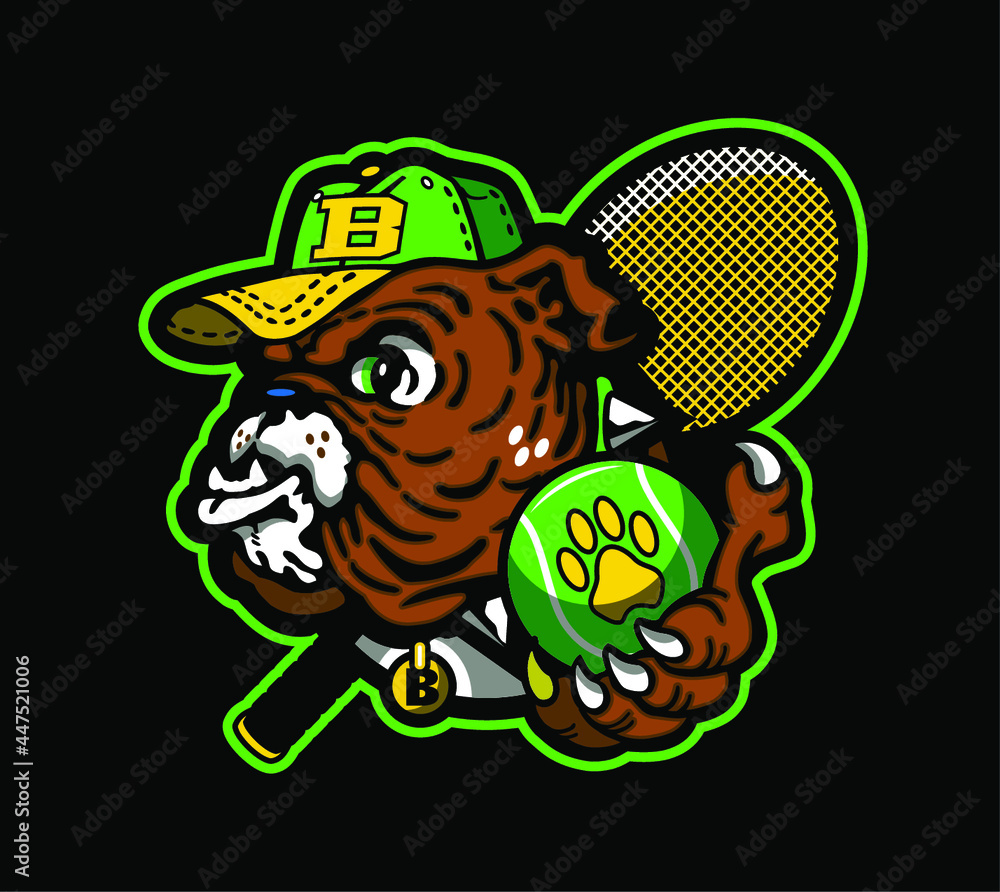 Obraz premium bulldog tennis team mascot with ball cap and racquet holding ball for school, college or league
