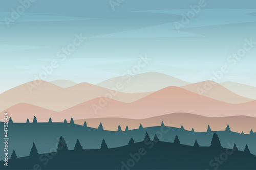 Vector landscape in green and orange colors. Sky and mountains. Baner, poster
