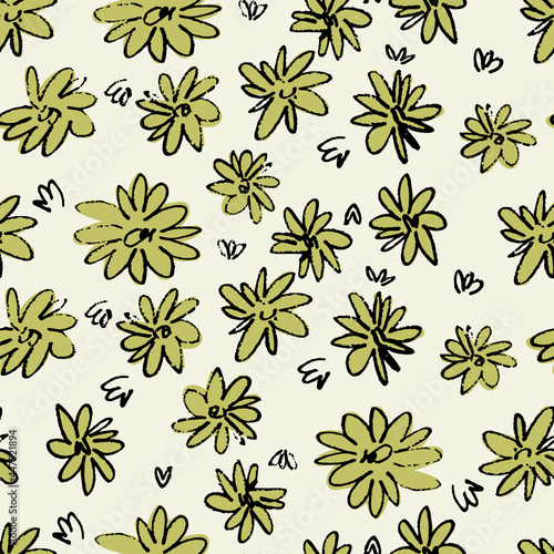 Seamless pattern with hand drawn meadow flowers in Ditzy style. Outlined illustrations on light-colored background for surface design and other design projects