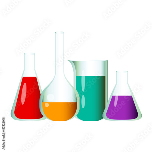 Laboratory transparent glassware. Multicolored chemical liquids in tubes, cones and flasks vector illustration isolated on white background. 