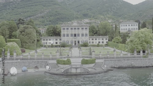 Aerial footage drone view of Manor Villa Sola Cabiati, in Tremezzo, lake ,Como Lombardia Italy // no video editing
 photo