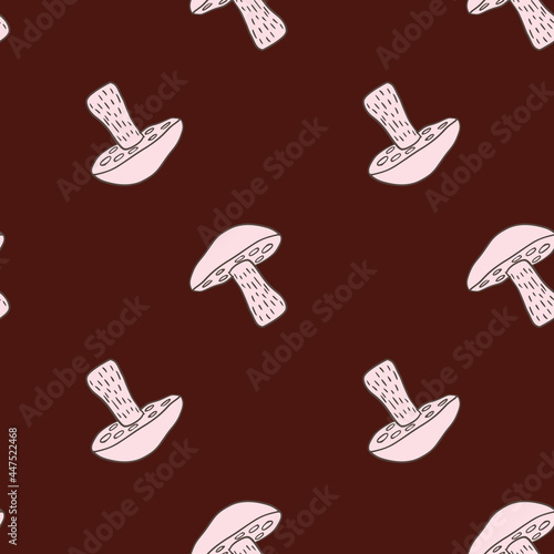 Decorative seamless pattern with light pink Leccinum scabrum mushroom ornament. Dark maroon background.