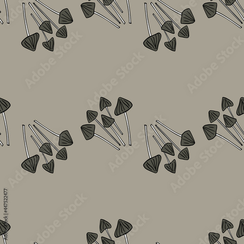 Seamless pattern in minimalistic style with doodle psilocybe semilanceata mushroom print. Grey background.