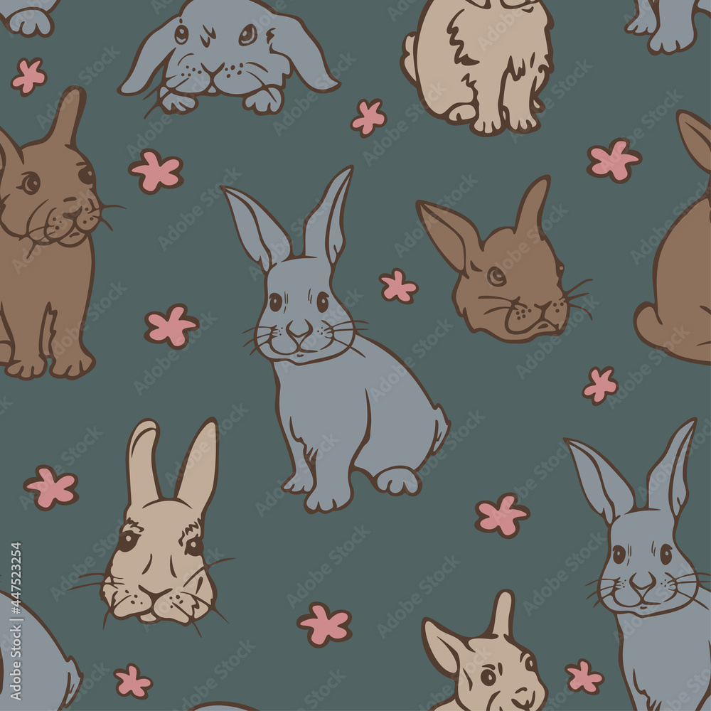 Vector seamless pattern with cute rabbits and flowers. Charming little bunnies illustration.