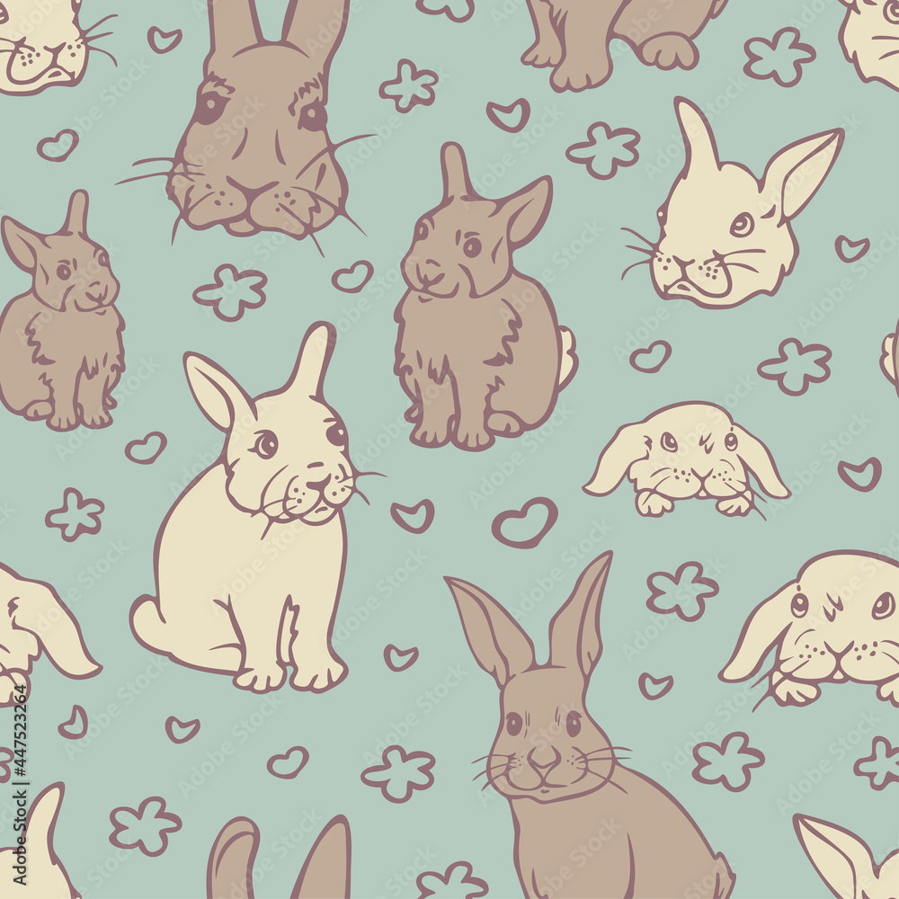 Vector seamless pattern with charming rabbits. Design with bunnies and outlines of flowers and hearts.
