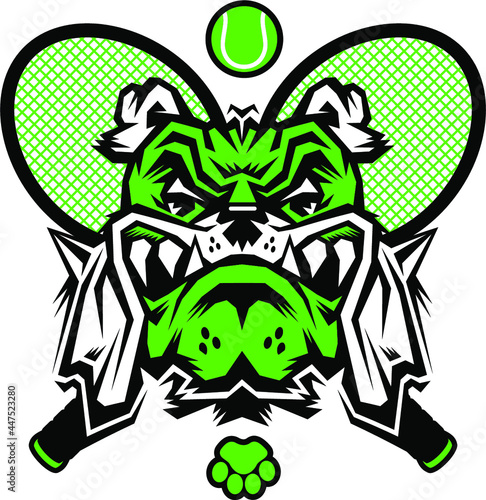bulldog tennis team mascot head and crossed racquets for school, college or league