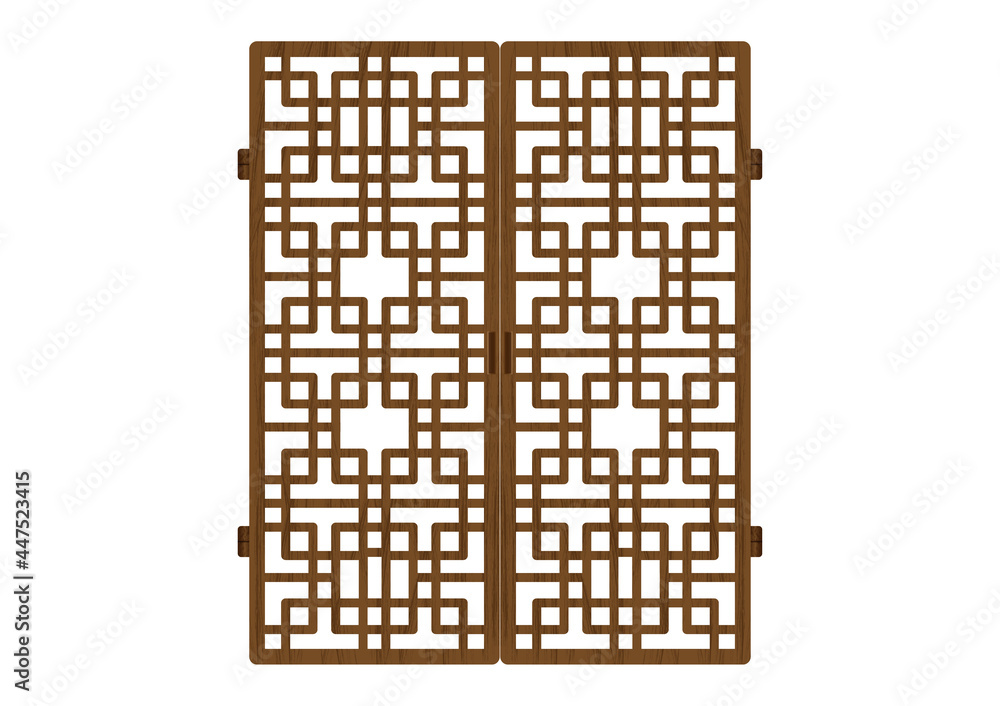 Fototapeta premium Traditional Korea ornament frame pattern. Double door antique decoration art vector illustration. Natural surface wooden timber.