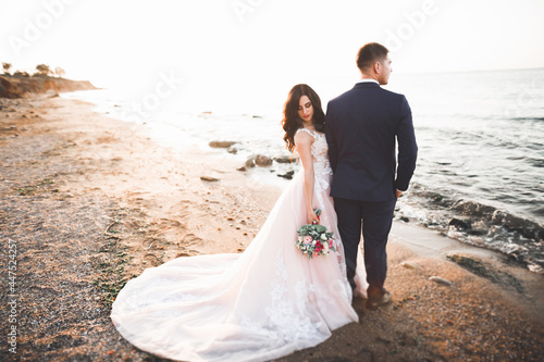 Elegant stylish happy wedding couple, bride, gorgeous groom on the background of sea and sky © olegparylyak