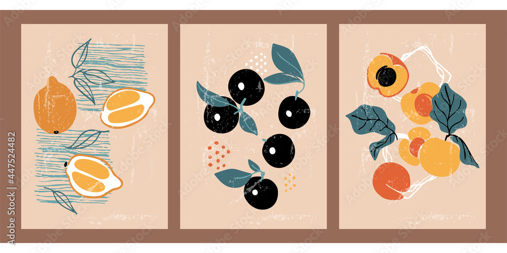 Set of hand drawn still lifes with fruits. Summer, autumn harvest. Minimalistic abstract backgrounds with lemon, plum, peach. Organic natural illustrations. Vintage abstract posters.