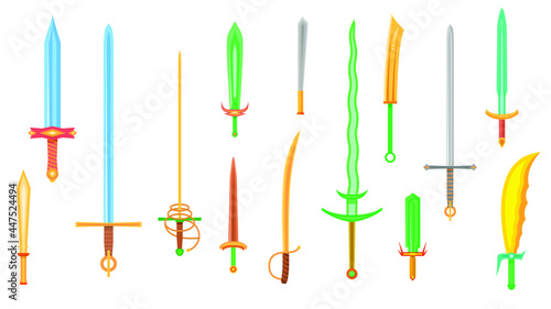 Set Abstract Collection Flat Cartoon  Different Color Swords Blades Concept Vector Design Style Elements With Shadows