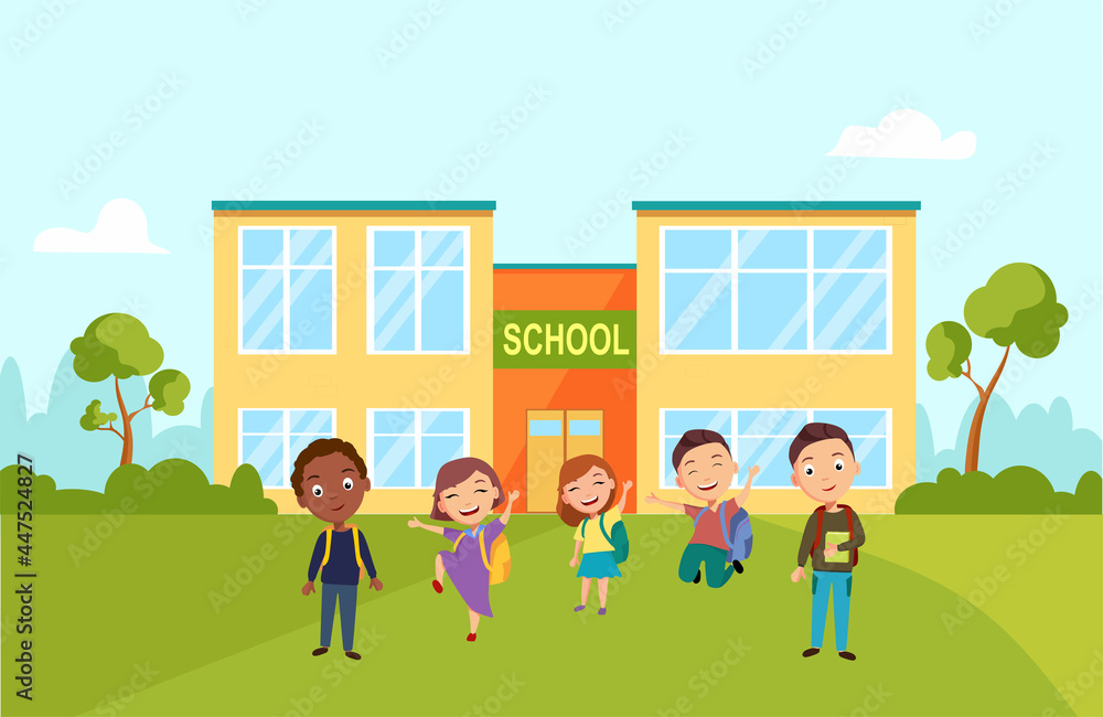 A group of students near the school. Funny kids. Welcome to the school. Vector image in a cartoon flat style.