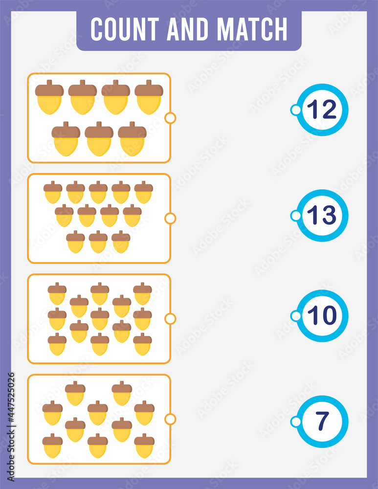 Count and match, count the number of vegetables, fruits, objects and match the correct numbers. Preschool educational child game, printable math worksheet