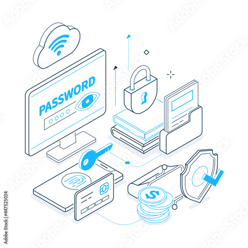 Internet security - black and blue isometric line illustration