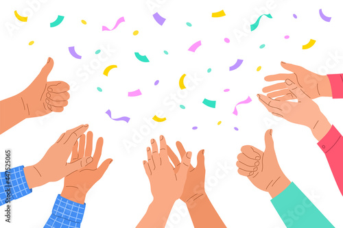 Clapping human hands. Group of men and women congratulates a winner. Business team applauding for great successful work. Teamwork and togetherness concept. Hand drawn colorful illustration
