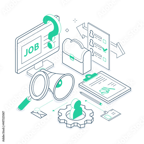 Job search - isometric green and black line illustration