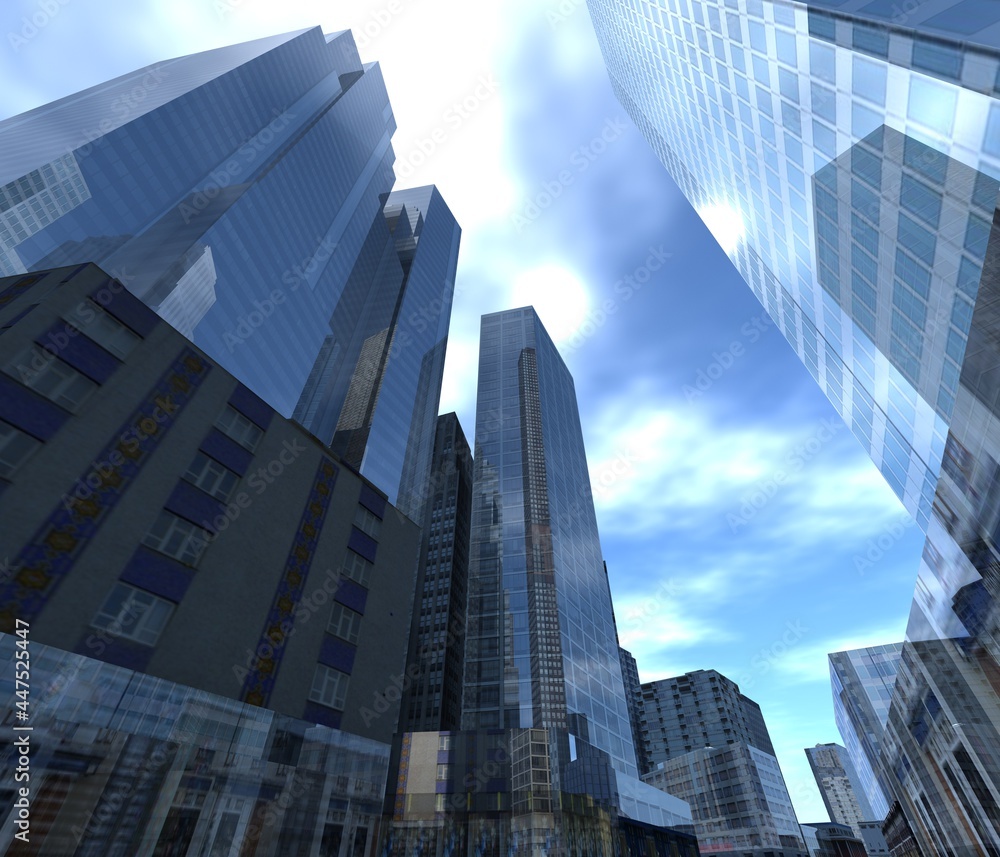 Fototapeta premium Skyscrapers and sky, high-rise buildings bottom view, modern cityscape, 3d rendering