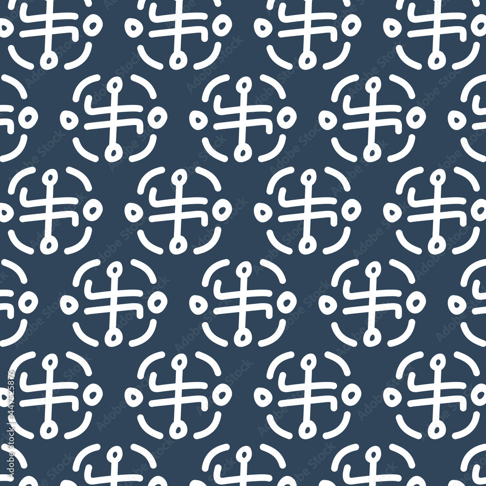 Geometric ornament. The pattern is white on a blue background. Drawn repeating elements in ethnic style. Geometric ornament. The pattern is white on a blue background. Drawn repeating elements in ethnic style.