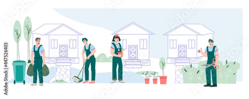 Professional garden care and tree trimming services banner with characters of gardeners planting and cleaning. Garden maintenance, cartoon flat vector illustration isolated on white.