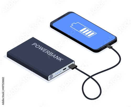 Powerbank isometric usb cable battery. Charge cell phone vector power bank