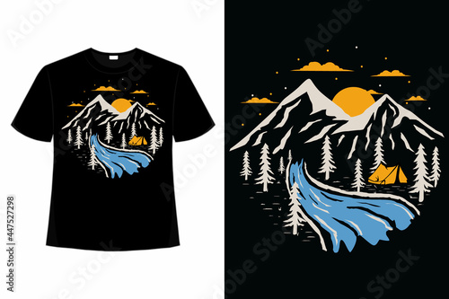 T-shirt outdoors adventure nature pine mountain hand drawn vintage illustration