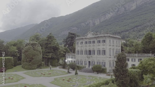 Aerial footage drone view of Manor Villa Sola Cabiati, in Tremezzo, lake ,Como Lombardia Italy // no video editing
 photo