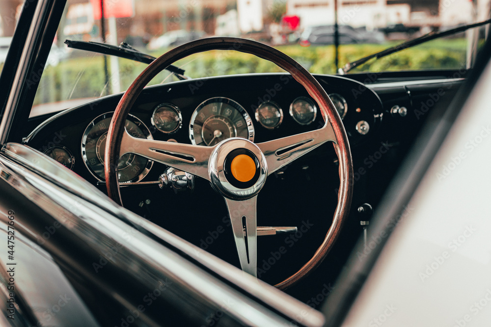 steering wheel of classic car 