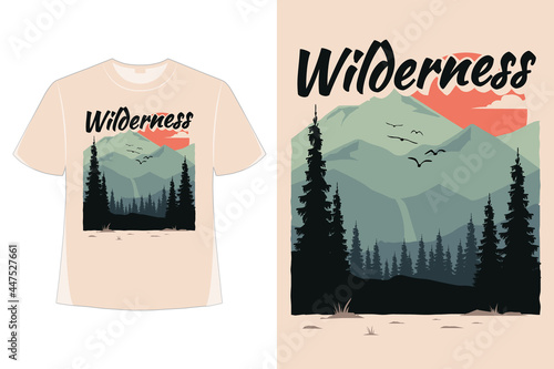 T-shirt wilderness pine mountain flat nature hand drawn style vintage retro illustration